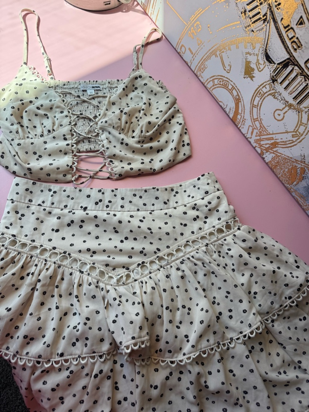 Fashion Nova Cream A-Line Mini Skirt with Black Dot Print and Crochet Trim